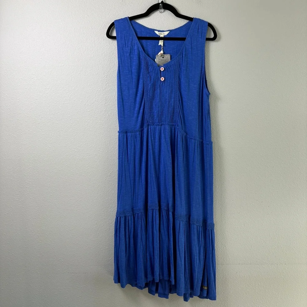 Matilda Jane Sleeveless Tiered Midi Dress Womens XL Blue Lace Trim Slub Knit NWT